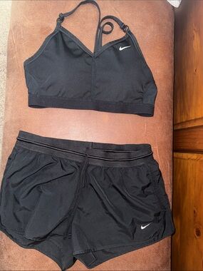 Nike Black Two-Piece Sports Bra and Running Shorts Set with White Swoosh